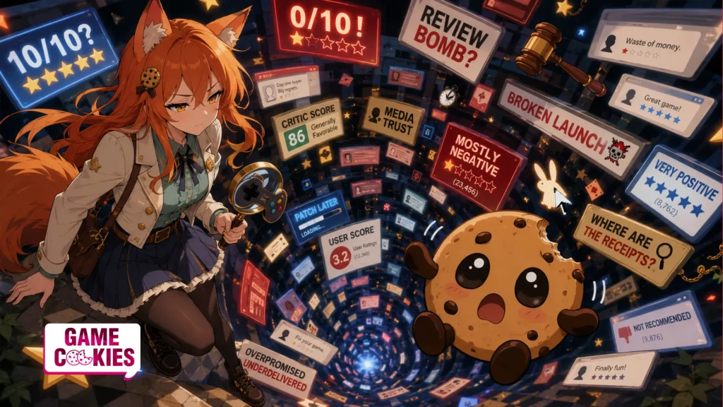 Kiki and Chip look into a chaotic anime-style rabbit hole filled with floating review scores, critic ratings, user scores, headlines, and broken launch warnings.