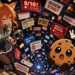 Kiki and Chip look into a chaotic anime-style rabbit hole filled with floating review scores, critic ratings, user scores, headlines, and broken launch warnings.