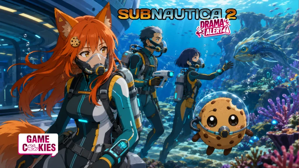 Anime-style image of Kiki in futuristic underwater survival gear exploring an alien ocean with two divers and Chip wearing a tiny breathing mask.