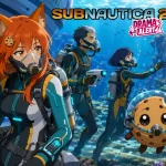 Anime-style image of Kiki in futuristic underwater survival gear exploring an alien ocean with two divers and Chip wearing a tiny breathing mask.