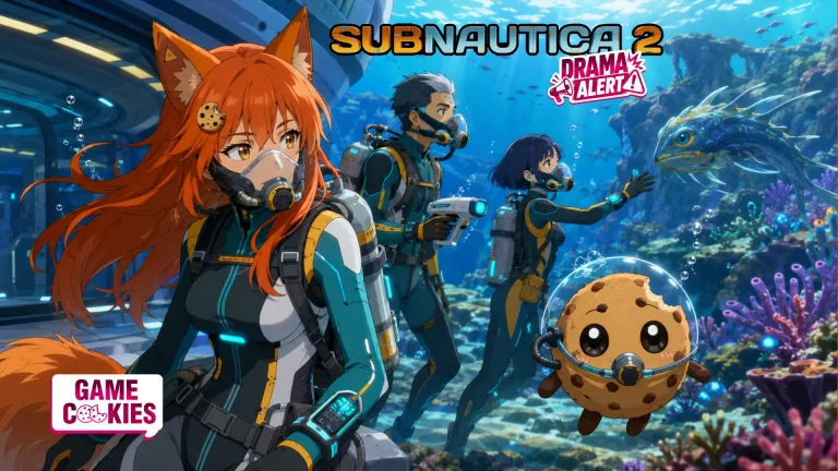Anime-style image of Kiki in futuristic underwater survival gear exploring an alien ocean with two divers and Chip wearing a tiny breathing mask.
