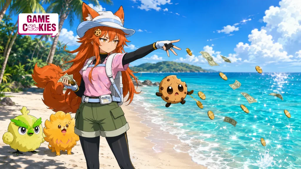 Kiki dressed as an island trainer throws money into a sparkling tropical sea while Chip panics beside her and starter creatures watch on the beach.