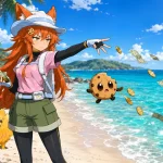 Kiki dressed as an island trainer throws money into a sparkling tropical sea while Chip panics beside her and starter creatures watch on the beach.