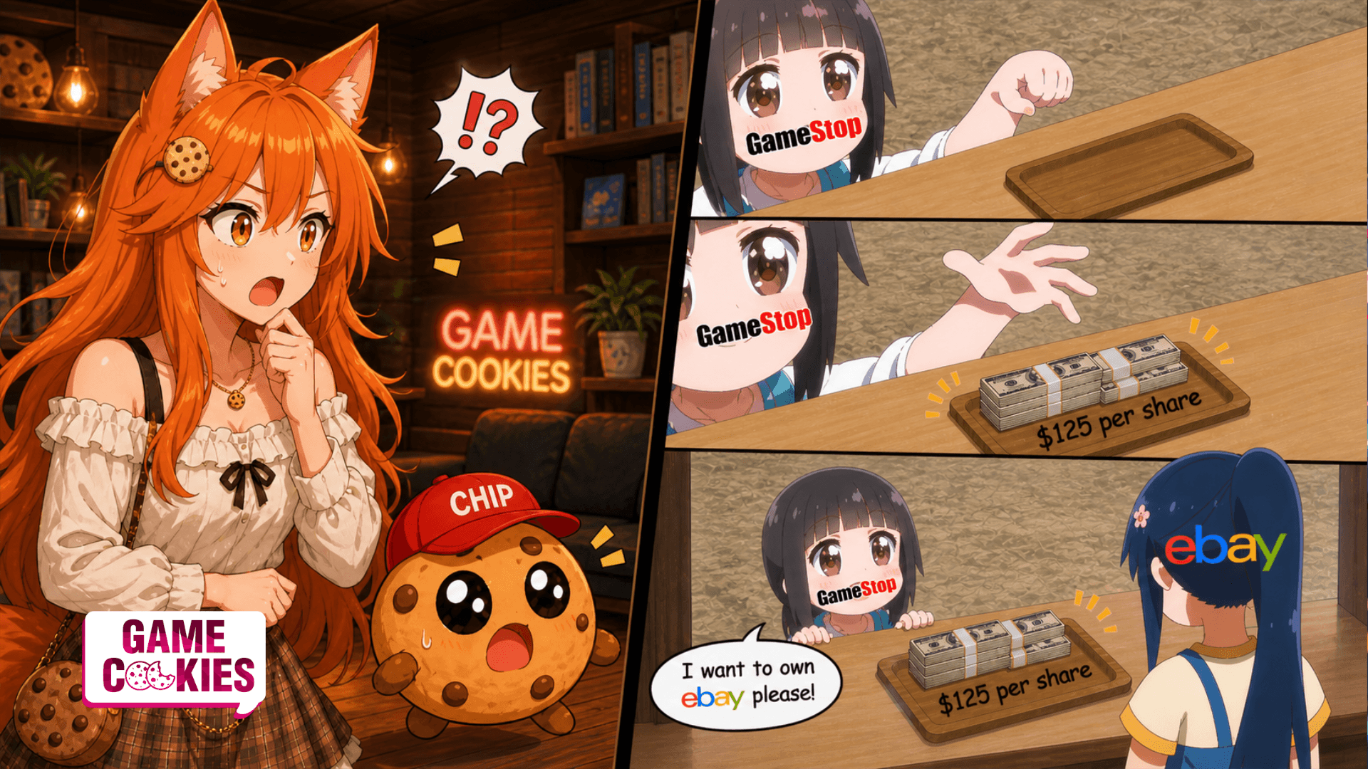 Kiki and Chip react in shock beside a meme showing GameStop offering $125 per share to buy eBay.