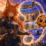 Anime-style illustration of Kiki wearing a blue-and-yellow wasteland vault-style uniform, standing beside Chip as he jumps through a glowing time portal showing different eras of video games and online gaming culture.
