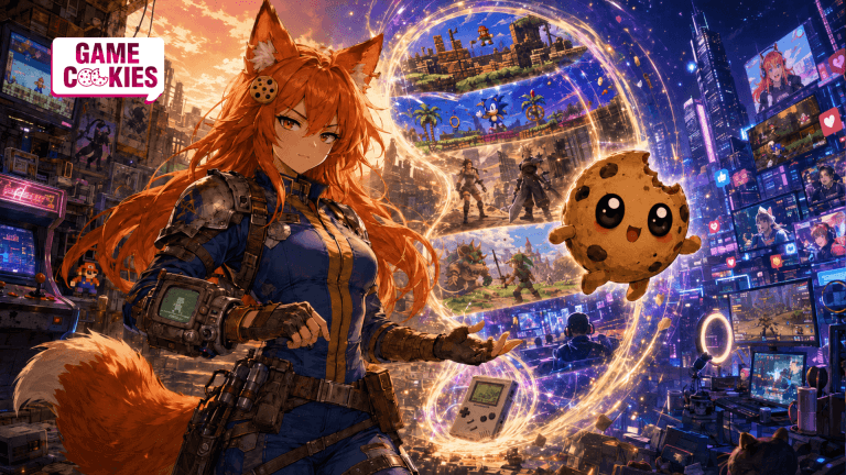 Anime-style illustration of Kiki wearing a blue-and-yellow wasteland vault-style uniform, standing beside Chip as he jumps through a glowing time portal showing different eras of video games and online gaming culture.
