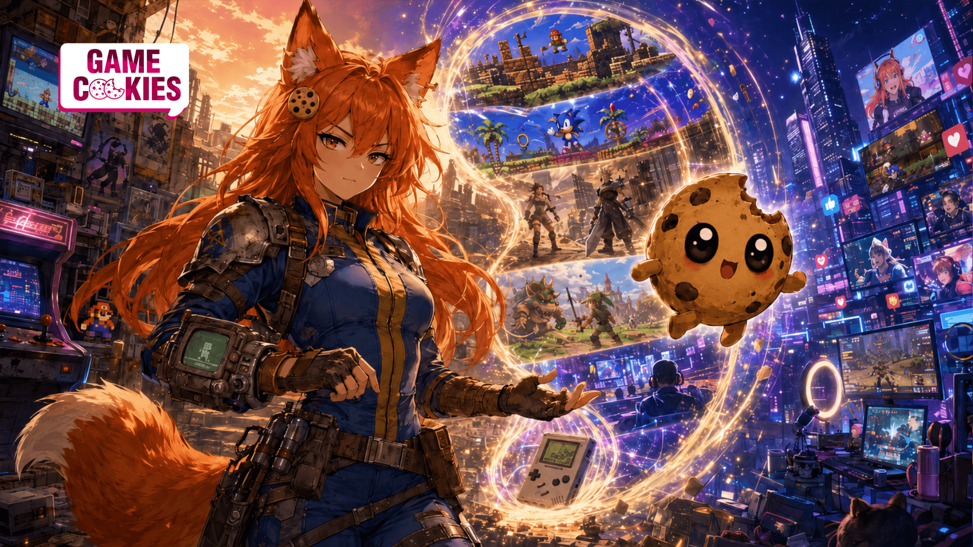 Anime-style illustration of Kiki wearing a blue-and-yellow wasteland vault-style uniform, standing beside Chip as he jumps through a glowing time portal showing different eras of video games and online gaming culture.