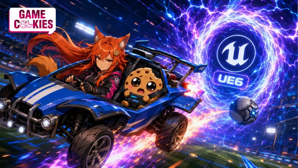 Kiki and Chip race a Rocket League Octane toward a glowing UE6 portal inside a futuristic stadium.
