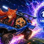 Kiki and Chip race a Rocket League Octane toward a glowing UE6 portal inside a futuristic stadium.