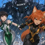 Kiki pulls Eve away from a giant Sony corporate monster in an anime-style action scene, with Chip panicking nearby.