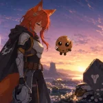 Kiki wearing a sci-fi Hunter-inspired outfit stands with Chip beside a Destiny 2 memorial at sunset, paying tribute to the game’s live-service era.