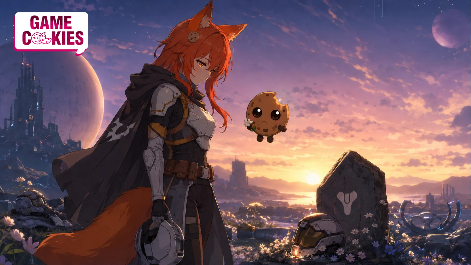 Kiki wearing a sci-fi Hunter-inspired outfit stands with Chip beside a Destiny 2 memorial at sunset, paying tribute to the game’s live-service era.