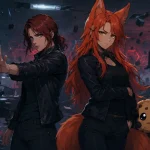 Anime TV screen capture-style image of Jesse Faden and Kiki standing confidently in a ruined Federal Bureau of Control office, with floating possessed bodies, red paranormal energy, and Chip hiding nervously behind Kiki.