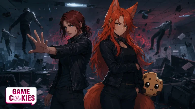 Anime TV screen capture-style image of Jesse Faden and Kiki standing confidently in a ruined Federal Bureau of Control office, with floating possessed bodies, red paranormal energy, and Chip hiding nervously behind Kiki.