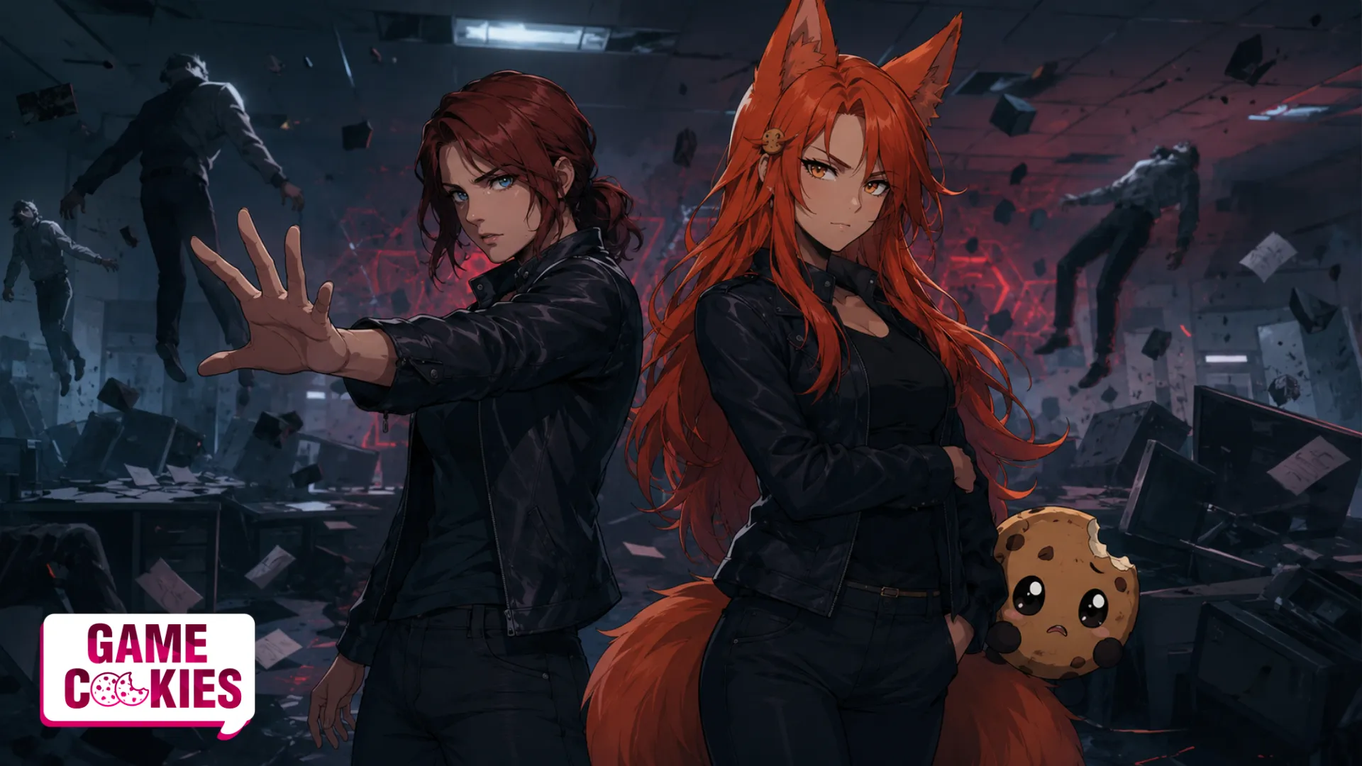 Anime TV screen capture-style image of Jesse Faden and Kiki standing confidently in a ruined Federal Bureau of Control office, with floating possessed bodies, red paranormal energy, and Chip hiding nervously behind Kiki.