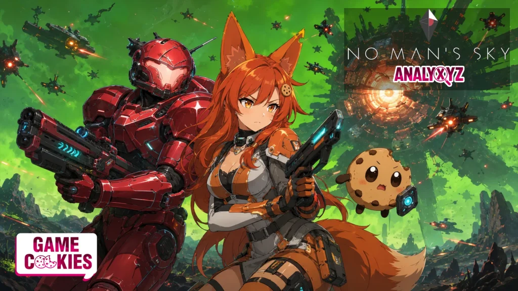 Kiki and Chip from Game Cookies stand ready for battle beside a red armored No Man’s Sky fighter as drone swarms and a massive hive structure attack under a green sci-fi sky.