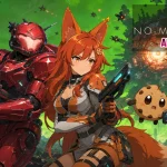 Kiki and Chip from Game Cookies stand ready for battle beside a red armored No Man’s Sky fighter as drone swarms and a massive hive structure attack under a green sci-fi sky.