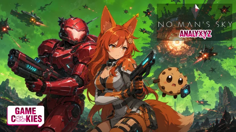 Kiki and Chip from Game Cookies stand ready for battle beside a red armored No Man’s Sky fighter as drone swarms and a massive hive structure attack under a green sci-fi sky.