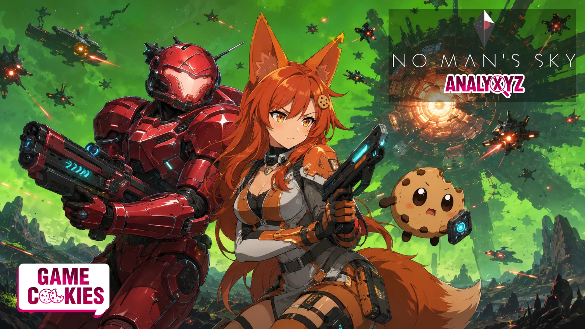 Kiki and Chip from Game Cookies stand ready for battle beside a red armored No Man’s Sky fighter as drone swarms and a massive hive structure attack under a green sci-fi sky.
