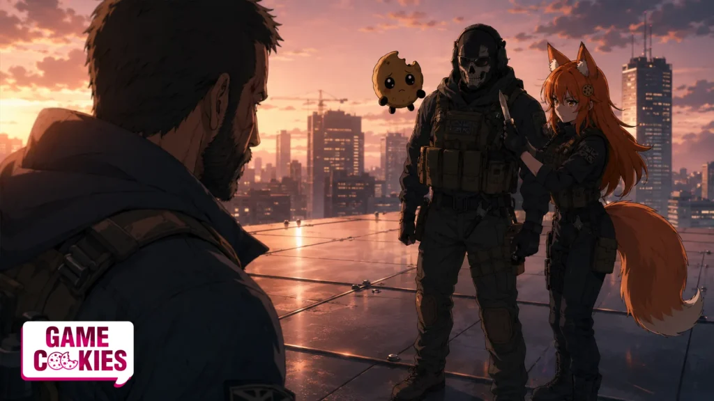 Anime-style rooftop standoff at sunset with a bearded soldier facing a skull-masked operator, while Kiki in tactical gear and Chip prepare for a tense knife fight.