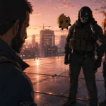 Anime-style rooftop standoff at sunset with a bearded soldier facing a skull-masked operator, while Kiki in tactical gear and Chip prepare for a tense knife fight.