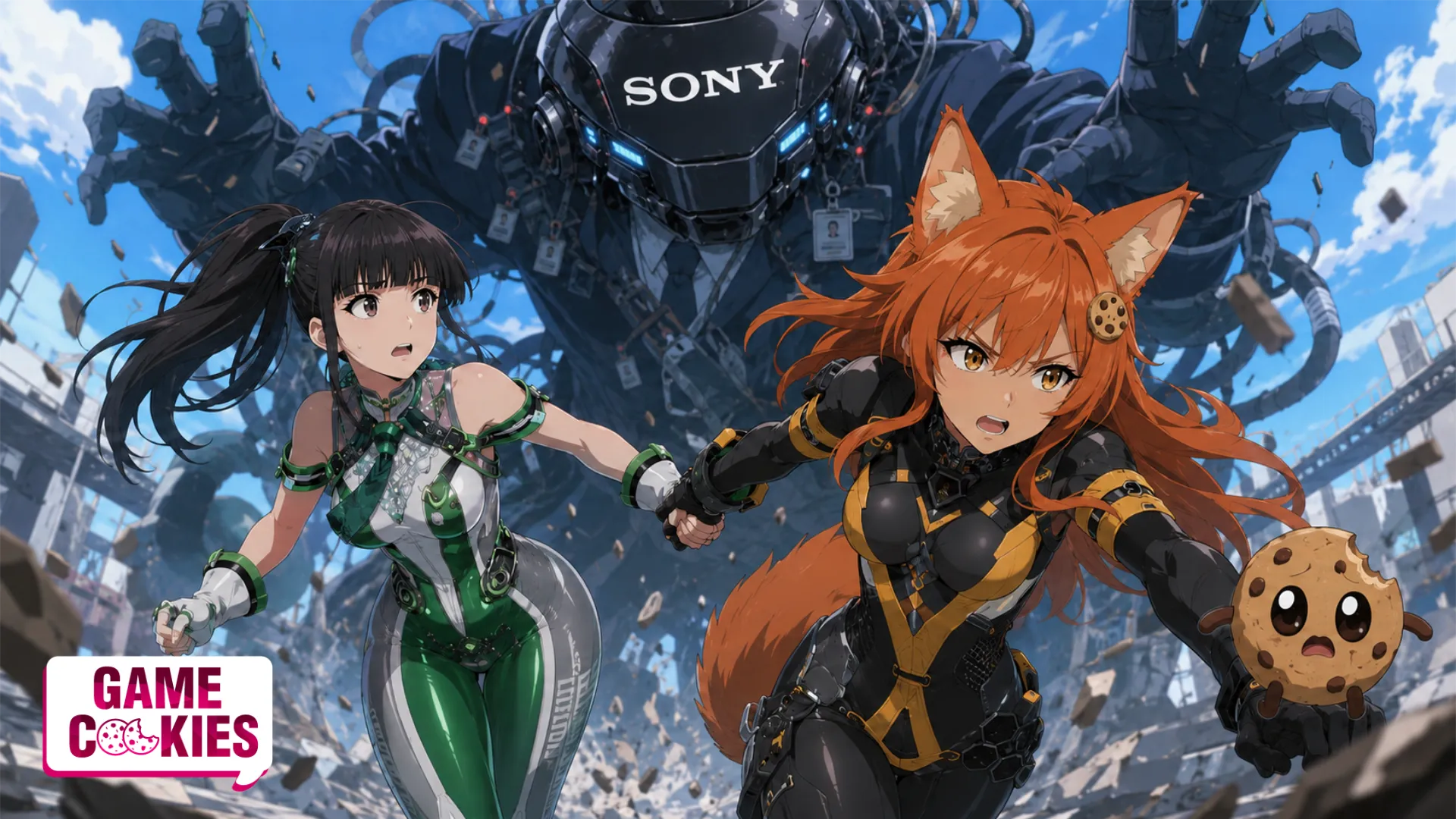 Kiki pulls Eve away from a giant Sony corporate monster in an anime-style action scene, with Chip panicking nearby.