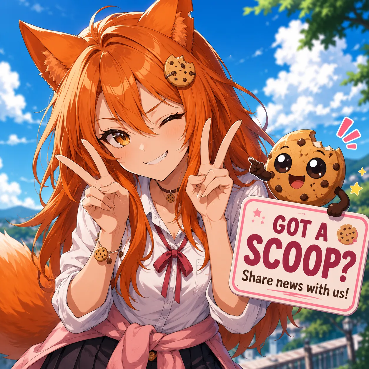 Anime-style illustration of a confident adult fox-girl with long orange-red hair holding a sign that reads “Share news with us!” while a kawaii cookie mascot floats beside her.