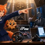Kiki points dramatically in a courtroom as The Crew evidence, Ubisoft servers, and a shocked Chip symbolize the Stop Killing Games fight over digital ownership.