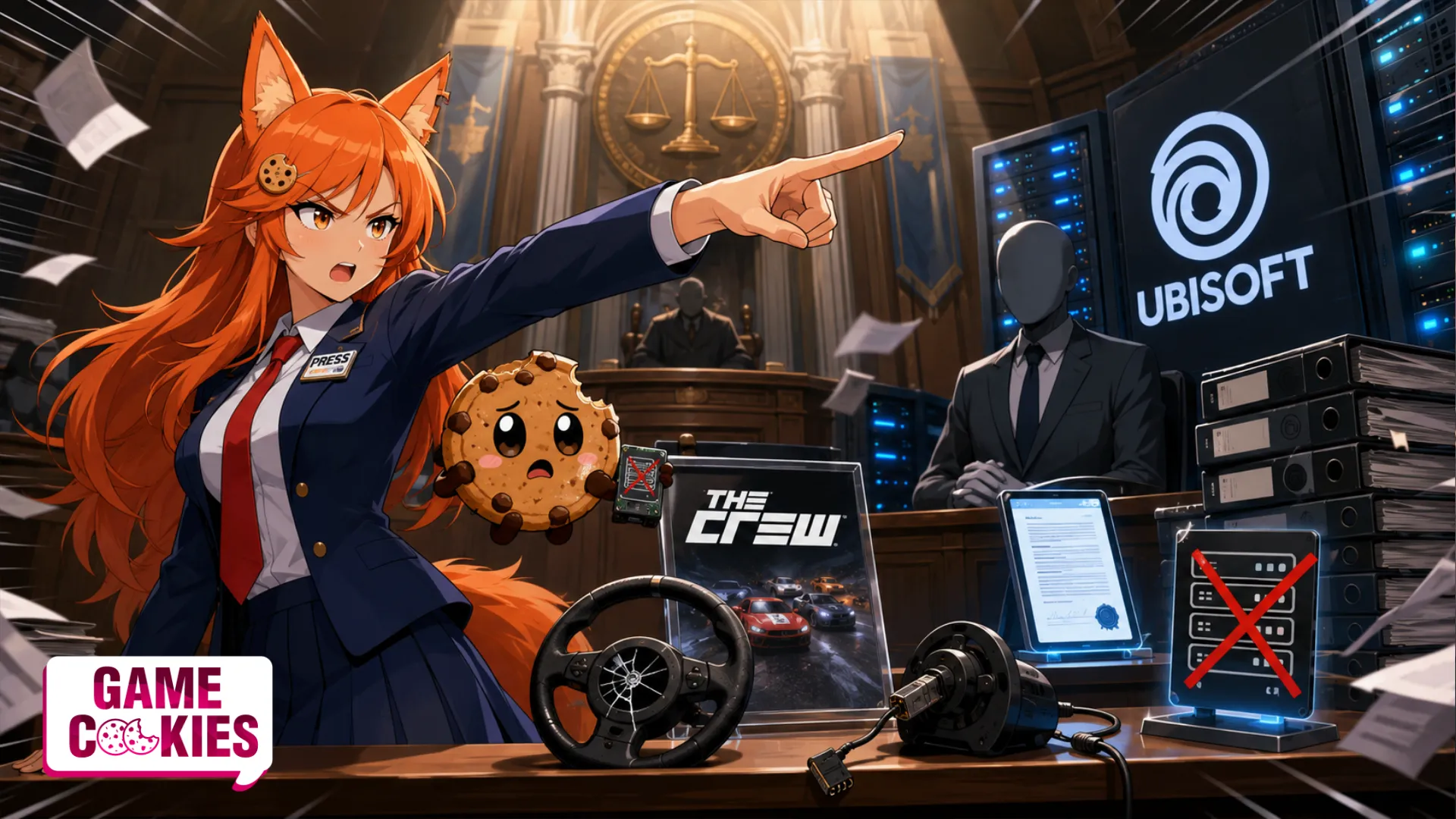 Kiki points dramatically in a courtroom as The Crew evidence, Ubisoft servers, and a shocked Chip symbolize the Stop Killing Games fight over digital ownership.