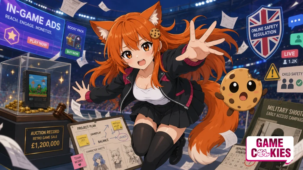 Kiki, the Game Cookies fox-girl mascot, falls through a chaotic anime-style gaming industry arena surrounded by in-game ad panels, a retro game auction case, a project planning board, UK online safety regulation icons, a military shooter early-access dossier, and Chip panicking beside her.