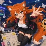 Kiki, the Game Cookies fox-girl mascot, falls through a chaotic anime-style gaming industry arena surrounded by in-game ad panels, a retro game auction case, a project planning board, UK online safety regulation icons, a military shooter early-access dossier, and Chip panicking beside her.