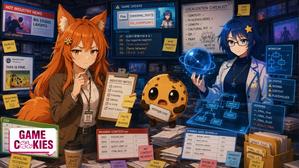 Kiki, Chip, and Byte in an anime-style game studio control room surrounded by localization spreadsheets, QA warnings, version files, and workflow screens.