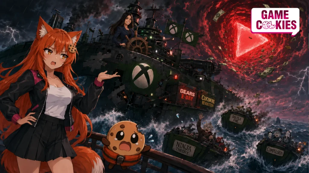 Kiki and Chip react from the deck of a storm-battered Xbox-themed ship while Asha Sharma steers at the helm. Lifeboats labeled Ninja Theory, Double Fine, and Compulsion escape through rough seas as a red YouTube-like money vortex swirls in the sky.