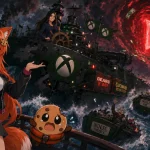 Kiki and Chip react from the deck of a storm-battered Xbox-themed ship while Asha Sharma steers at the helm. Lifeboats labeled Ninja Theory, Double Fine, and Compulsion escape through rough seas as a red YouTube-like money vortex swirls in the sky.