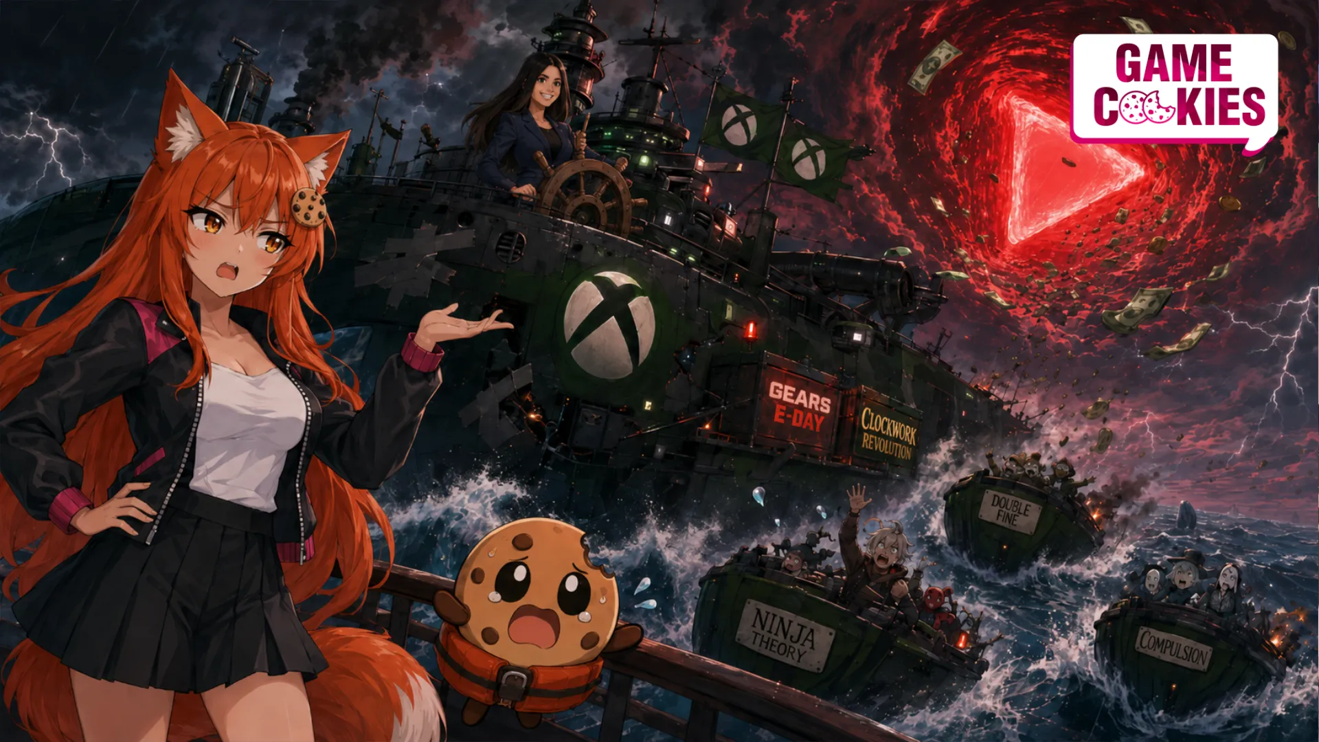 Kiki and Chip react from the deck of a storm-battered Xbox-themed ship while Asha Sharma steers at the helm. Lifeboats labeled Ninja Theory, Double Fine, and Compulsion escape through rough seas as a red YouTube-like money vortex swirls in the sky.