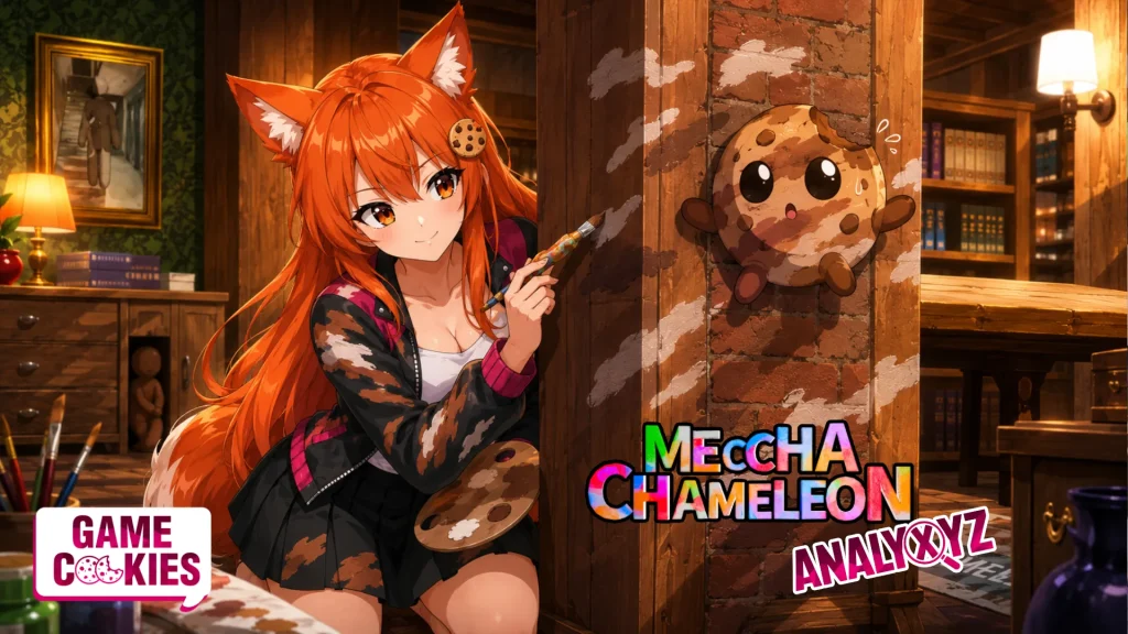 Kiki paints Chip to blend into a brick wall inside a cozy wooden hide-and-seek room inspired by MECCHA CHAMELEON.