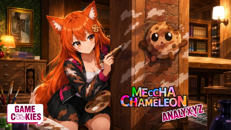 Kiki paints Chip to blend into a brick wall inside a cozy wooden hide-and-seek room inspired by MECCHA CHAMELEON.
