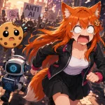 Kiki, the Game Cookies fox-girl mascot, runs through a chaotic city street with Chip and several small robots while an angry anti-AI crowd chases them with protest signs.