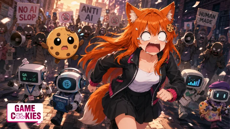 Kiki, the Game Cookies fox-girl mascot, runs through a chaotic city street with Chip and several small robots while an angry anti-AI crowd chases them with protest signs.