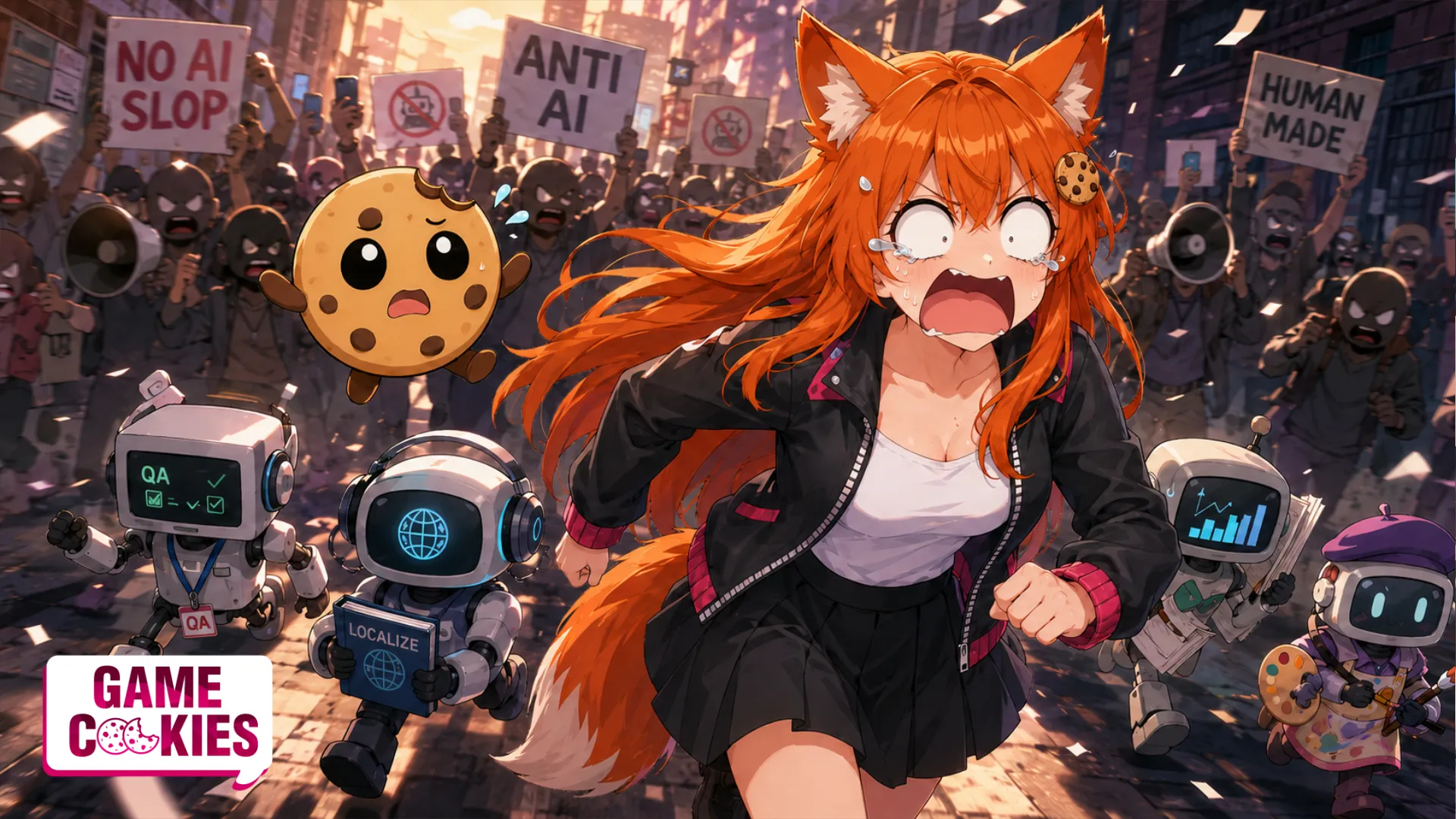 Kiki, the Game Cookies fox-girl mascot, runs through a chaotic city street with Chip and several small robots while an angry anti-AI crowd chases them with protest signs.