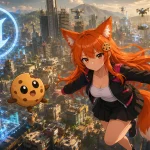 Kiki and Chip fly above a futuristic city being digitally built by AI robots, with a glowing Unreal Engine logo in the skyline.