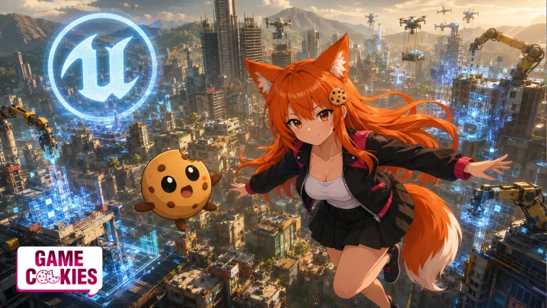 Kiki and Chip fly above a futuristic city being digitally built by AI robots, with a glowing Unreal Engine logo in the skyline.