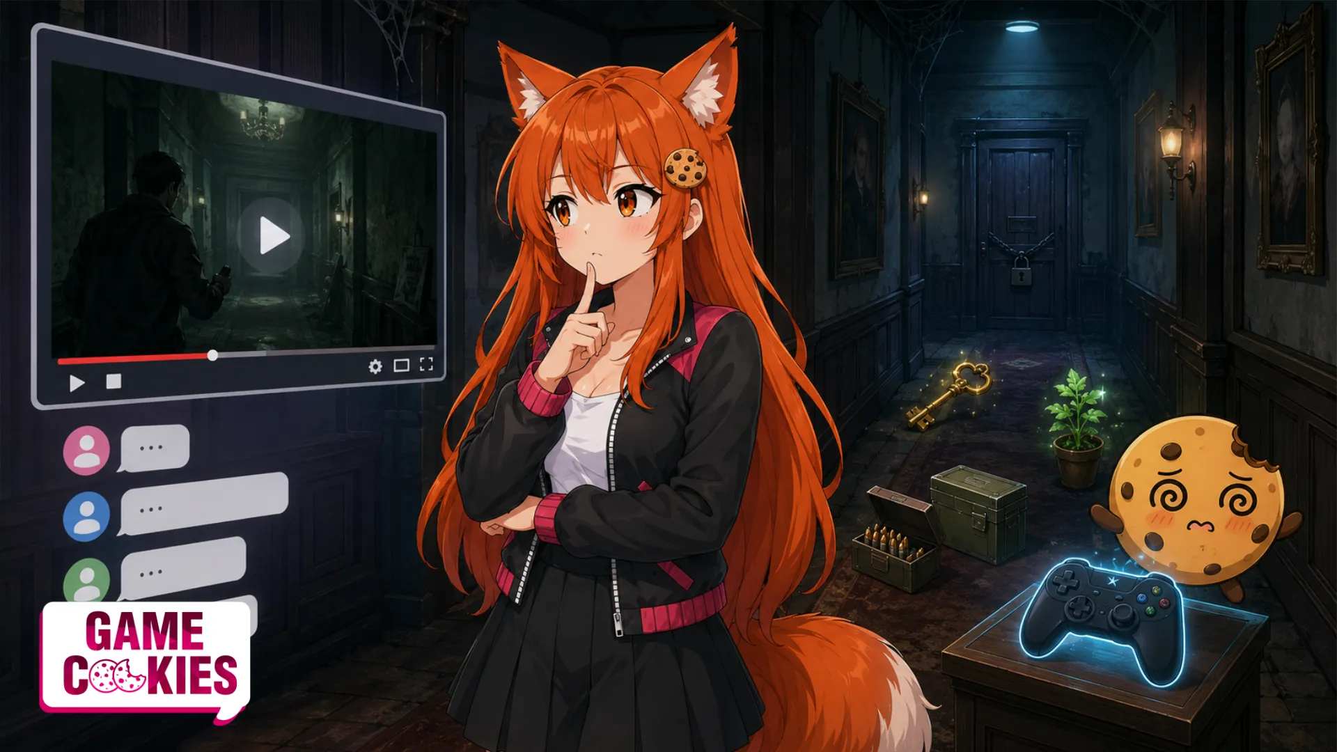 Kiki stands in a spooky mansion hallway between a playthrough video screen and a glowing game controller, while Chip looks dizzy and overwhelmed.