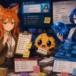 Kiki, Chip, and Byte in an anime-style game studio control room surrounded by localization spreadsheets, QA warnings, version files, and workflow screens.
