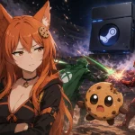 Kiki, the Game Cookies fox-girl mascot, stands unimpressed in a ruined arena while blue, green, and red console warriors fight behind her and a dark Steam Machine-like cube enters the battlefield. Chip, a worried cookie mascot, floats beside her.