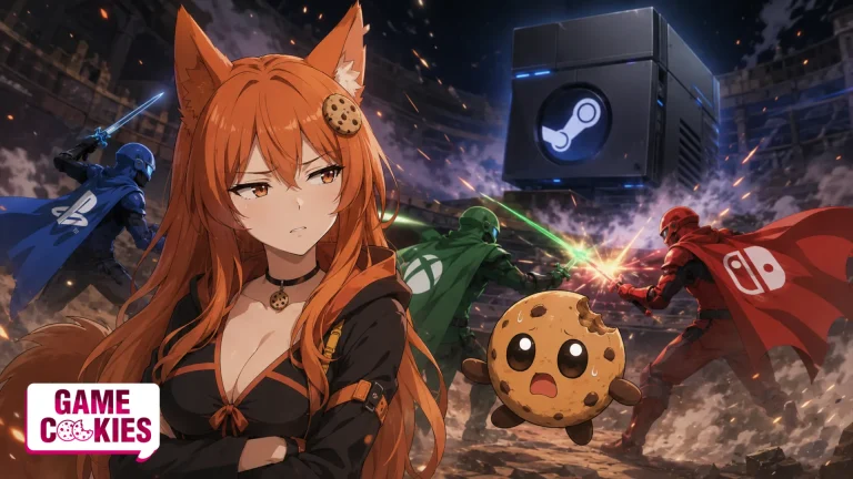 Kiki, the Game Cookies fox-girl mascot, stands unimpressed in a ruined arena while blue, green, and red console warriors fight behind her and a dark Steam Machine-like cube enters the battlefield. Chip, a worried cookie mascot, floats beside her.