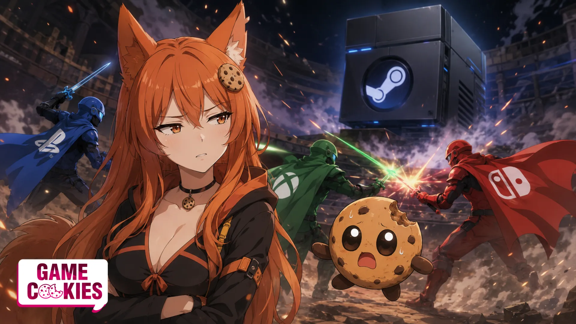 Kiki, the Game Cookies fox-girl mascot, stands unimpressed in a ruined arena while blue, green, and red console warriors fight behind her and a dark Steam Machine-like cube enters the battlefield. Chip, a worried cookie mascot, floats beside her.