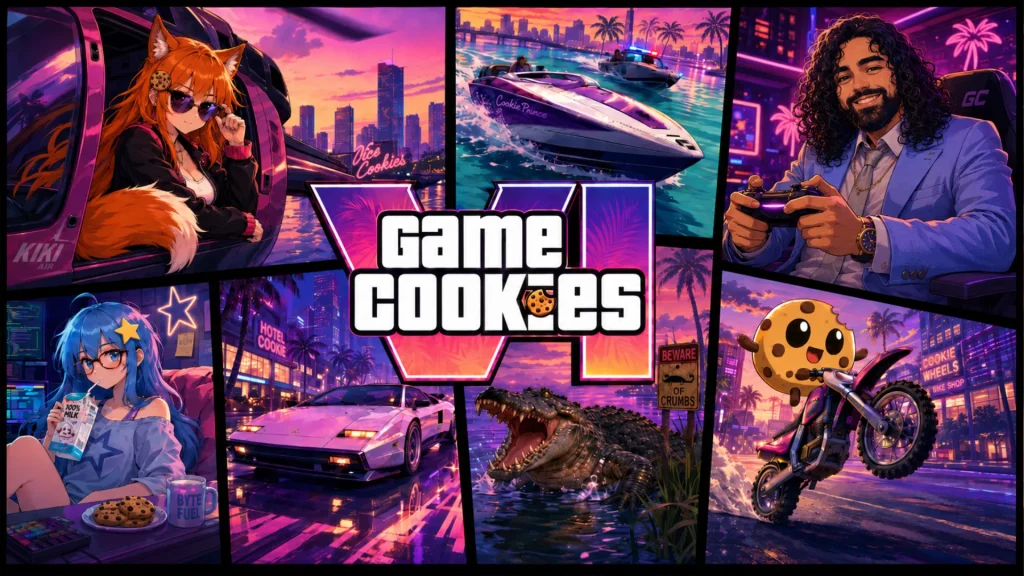 Game Cookies GTA-inspired neon poster featuring Kiki, Byte, Chip, and Leo in a Vice City-style collage with cars, boats, alligators, motorcycles, and a central Game Cookies VI logo.