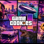 Game Cookies GTA-inspired neon poster featuring Kiki, Byte, Chip, and Leo in a Vice City-style collage with cars, boats, alligators, motorcycles, and a central Game Cookies VI logo.
