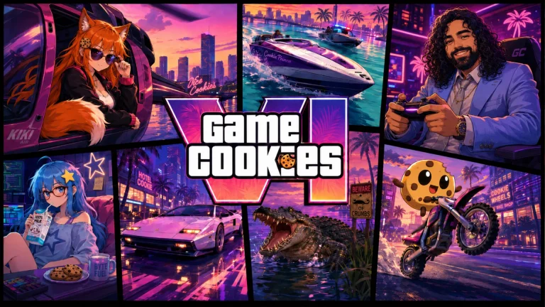 Game Cookies GTA-inspired neon poster featuring Kiki, Byte, Chip, and Leo in a Vice City-style collage with cars, boats, alligators, motorcycles, and a central Game Cookies VI logo.